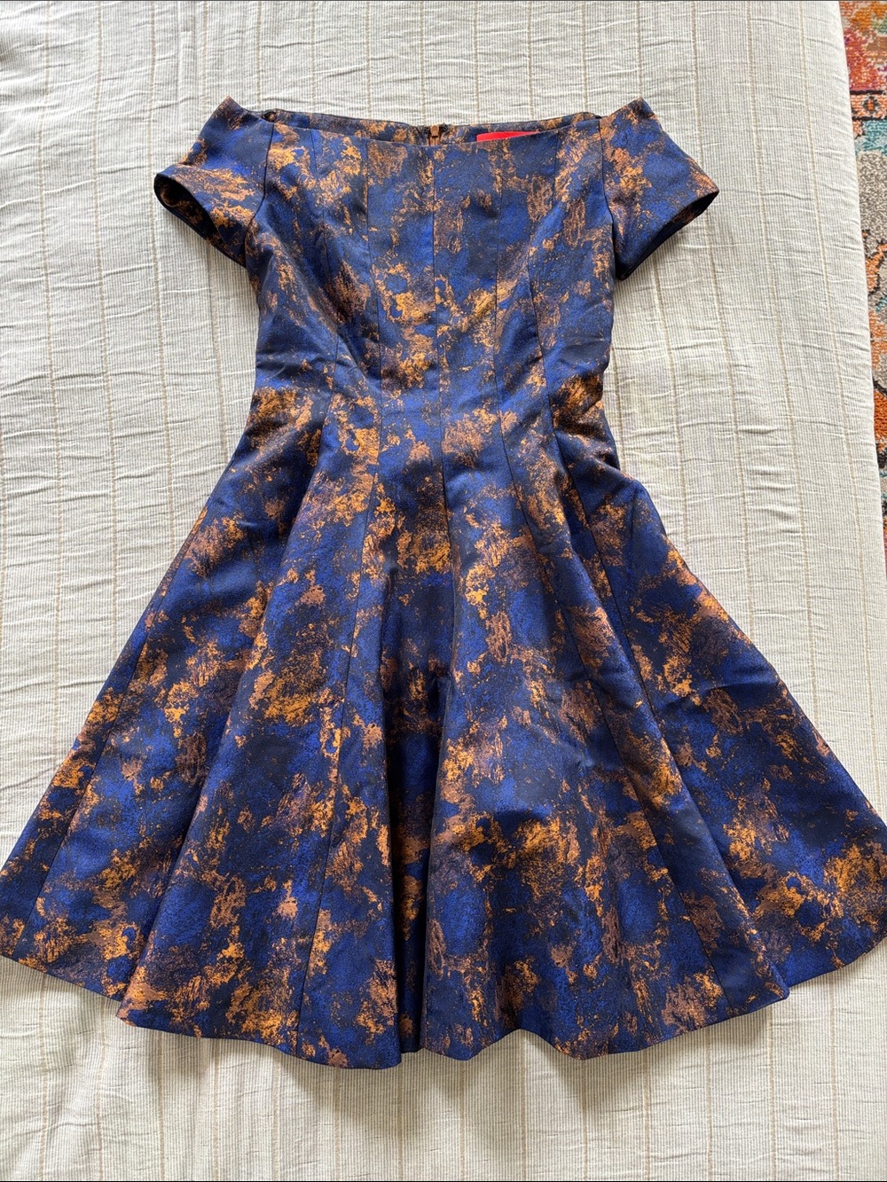 Navy and Copper Metallic Fit-and-Flare Dress